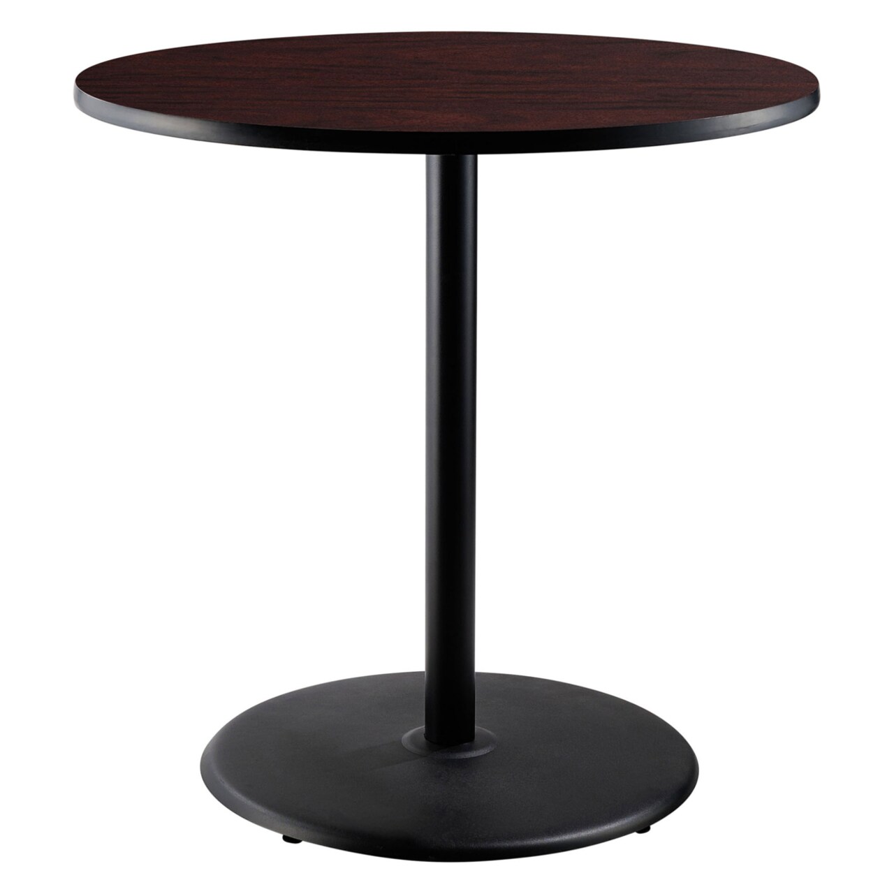 National Public Seating 36" Round Cafe Table With Round Base, 42" Height, Particleboard Core T-Mold, Mahogany Top, Black Frame